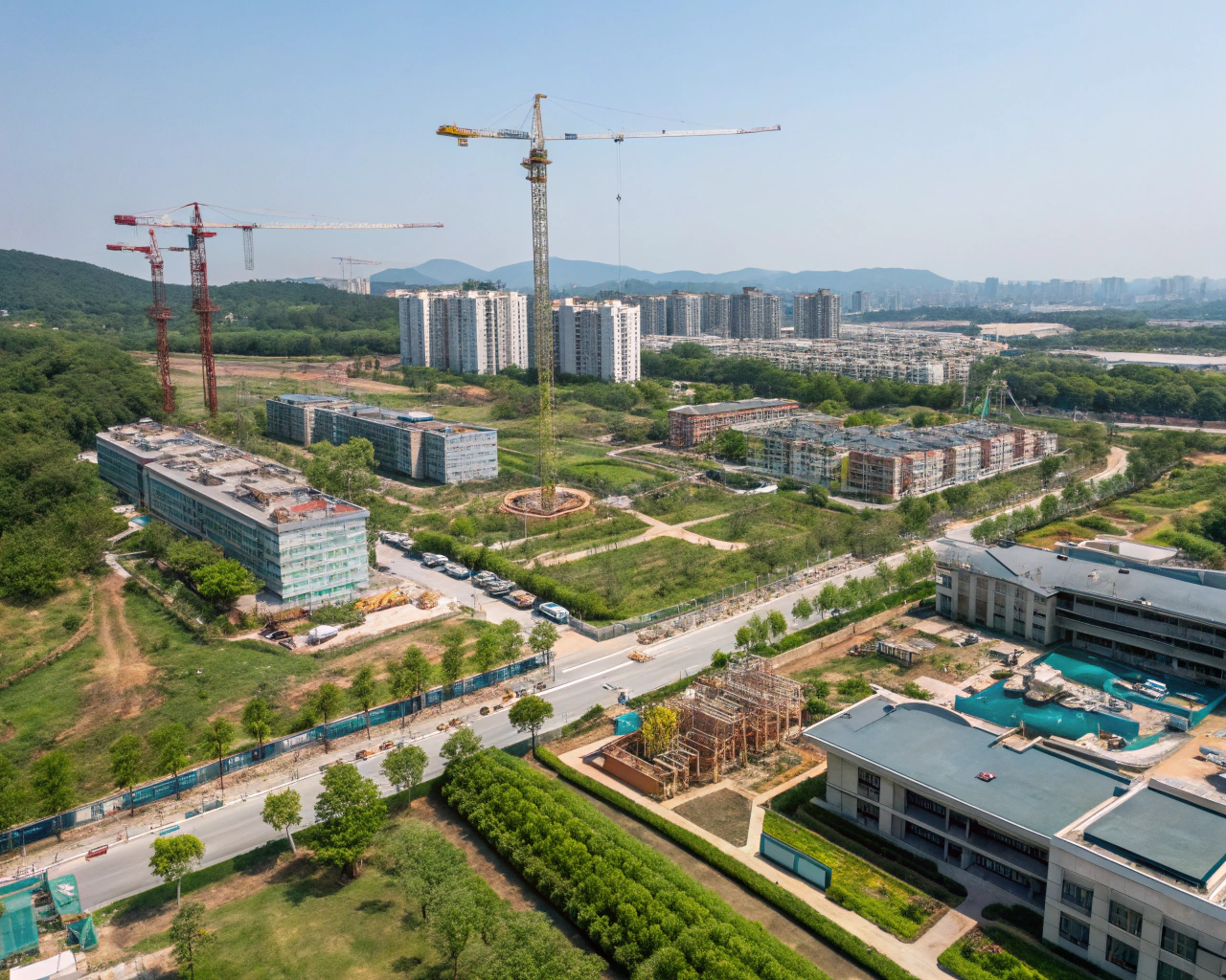 한국 비수도권의 부동산 개발 현장 조감도, 건설 진행 중인 현대식 주택과 녹지 공간
